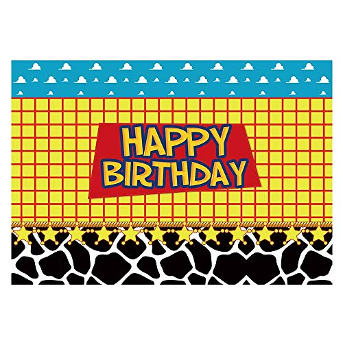 Funnytree 7x5ft Happy Birthday Party Backdrop Kids Cartoon Themed Baby Boy Photography Background Western Cowboy Cowgirl Sky Clouds Cow Print Photo Booth Decorations Cake Table Banner