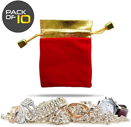 Multipurpose Drawstring Pouch - 3"x4" 8cmx10cm - Jewelry Gift &amp; Storage Bag Super Dust-Proof Quality Multicolor Red Velvet and Royal Gold Cloth - Pack of 10