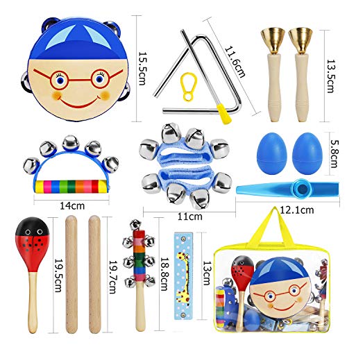 ShinePick Toddler Educational Musical Instruments Toys Set for Kids 15Pcs Wooden Percussion Instruments Tambourine Maracas Harmonica for Boys & Girls Preschool Education with Carry Bag