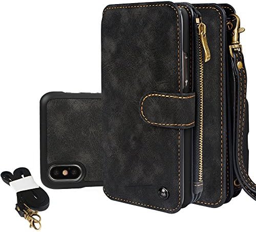 iPhone X Wallet Case, Mosheng Multifunction PU Leather Purse Zipper Pouch Detachable Cover Card Slots Stand Case with Wrist/Shoulder Strap for iPhone X 5.8 inch (Black)