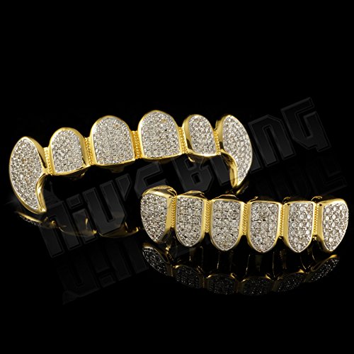 18K Gold Plated CZ Vampire Dracula Fangs Top Bottom Rhodium GRILLZ