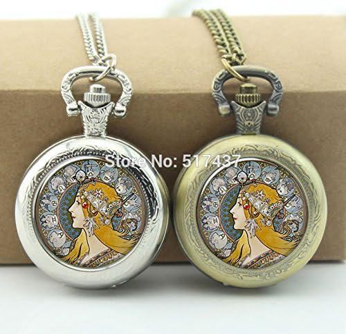Pretty Lee Art Nouveau Zodiac Pocket Watch Photo Locket Necklace Vintage Pocket Watch Necklace