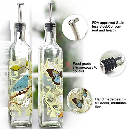 CEDAR HOME Olive Oil Bottle Set Glass Dispenser Vinegar Cruet 17oz. with Stainless Steel Leak Proof Pourer Spout for Cooking or Salad