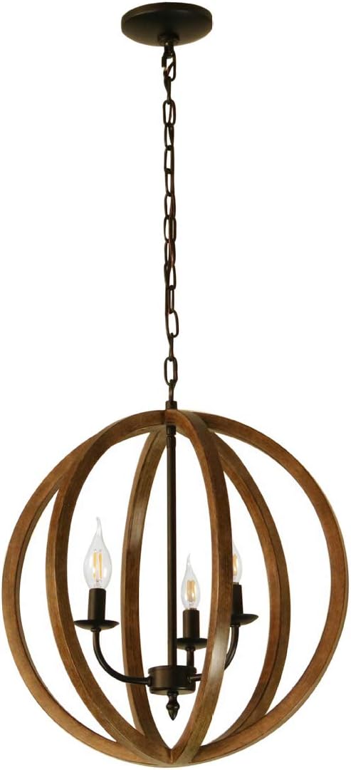 CRYGD Orb Chandelier,3-Lights Globe Pendant Light,Distressed Wood Material for Bedroom, for Living Room, Kitchen Island,Foyer