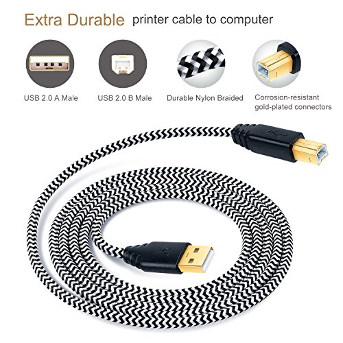 Printer Cords, Besgoods 2-Pack 10ft/3m Extra Long Braided USB 2.0 Printer Scanner Cable - USB A Male to B Male Cable Cord for printer, scanner, White