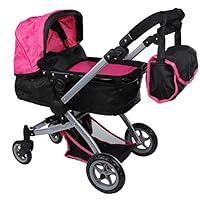 Babyboo Deluxe Doll Pram with Swiveling Wheels & Adjustable Handle & Free Carriage Bag - 9651B Pink