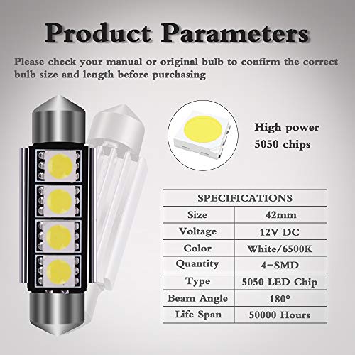 LEDKINGDOMUS 578 Led Bulb, 10 Pcs 42mm 5050 4 SMD Festoon Led Bulbs White Color Canbus Error Free Interior Dome Map Lights 211, 212-2, 569 (White)