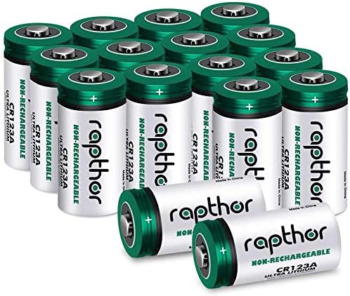 Rapthor CR123A 3V Lithium Battery 1650mAh High Power CR123 123a CR17345 Non-rechargeable Batteries with Built-in PTC for Flashlight Toys Alarm System Microphones (16 Pack)