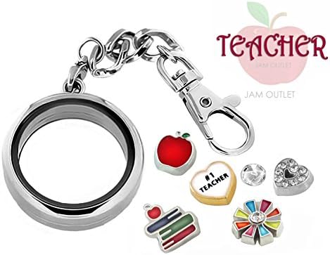 TEACHER Glass Locket DETACHABLE Key Chain Set w/ Crystal Apple #1 Teacher Floating Charms