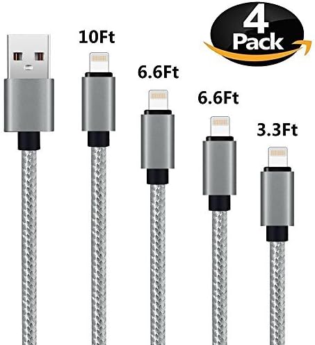 iPhone Charger, ALPULON Lightning Cable 4Pack（3FT/6FT/6FT/10FT） Nylon Braided iPhone Charging Cable Cord Compatible with iPhone X 8 8 Plus 7 7Plus 6 6Plus 5 5s 5c SE iPad (Silver Grey)