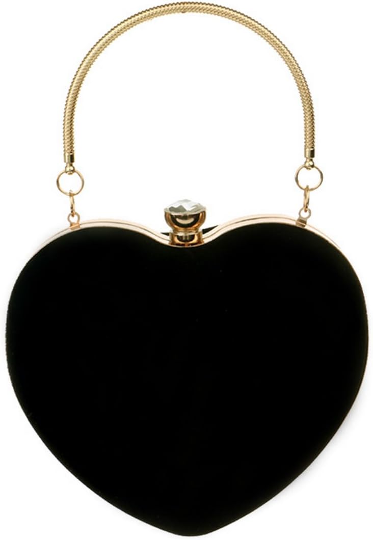 Women Suede Heart Shape Mini Clutches And Evening Bag Clutch Party Bag Purse with a Chain and handle Ring Black
