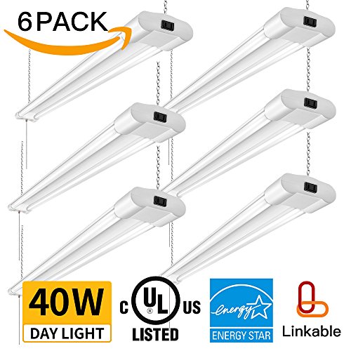 Amico 40W 4000LM 4FT Linkable LED Utility Shop Lights for Garage,Double Integrated LED Fixture UL and Energy Star,5000K Daylight, 100W Fluorescent Eq. Hanging Light with Pull Chain Switch.6 Pack