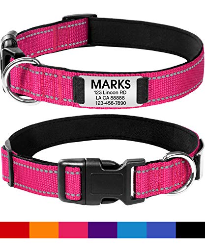 Joytale Personalized Dog Collar with Engraved Slide on ID Tags,Custom Reflective Collars for Small Medium Large Dogs,Hot Pink