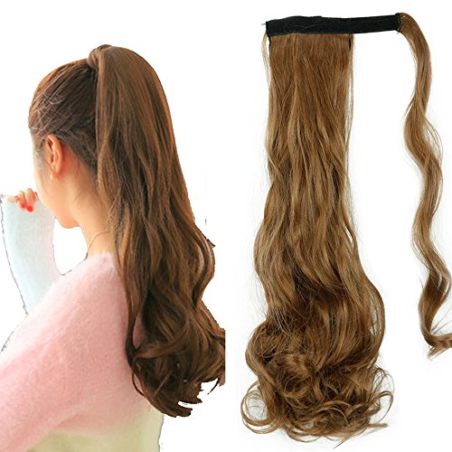 S-noilite Newest Pop Long Straight Curly Wavy Wrap Around on Ponytail Clip in Pony Tail Hair Extensions Natural Synthetic Hairpiece (24inchs-curly, light brown)