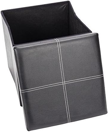 Crazyworld Leather Footstool with Storage Ottoman Box Removable Pouf, Square Cube Foot Rest Bench Seat Stepping Stool, for the Bedroom, Kitchen and Bathroom (Square Surface With Line, Black)