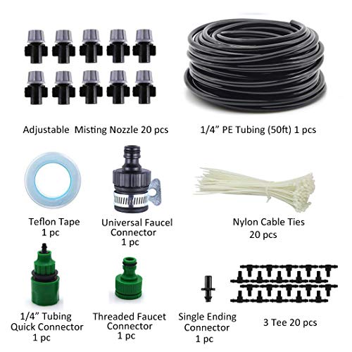 OUTFANDIA Patio Spray Misters Watering System Kits Accessories for Outdoor Garden Greenhouse Nozzles Misting Cooling with 50 Feet 4/7 Blank Distribution Tubing Hose, Instruction