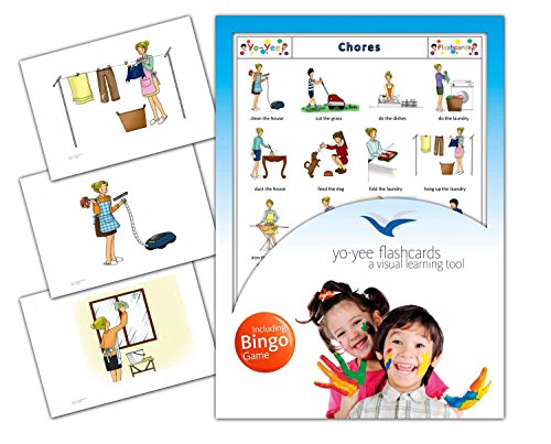 Chores Flash Cards in English with Matching Bingo Game Cards in One Set - Vocabulary Picture Cards for Toddlers, Kids, Children and Adults - Size 4.13  5.83 in - DIN A6