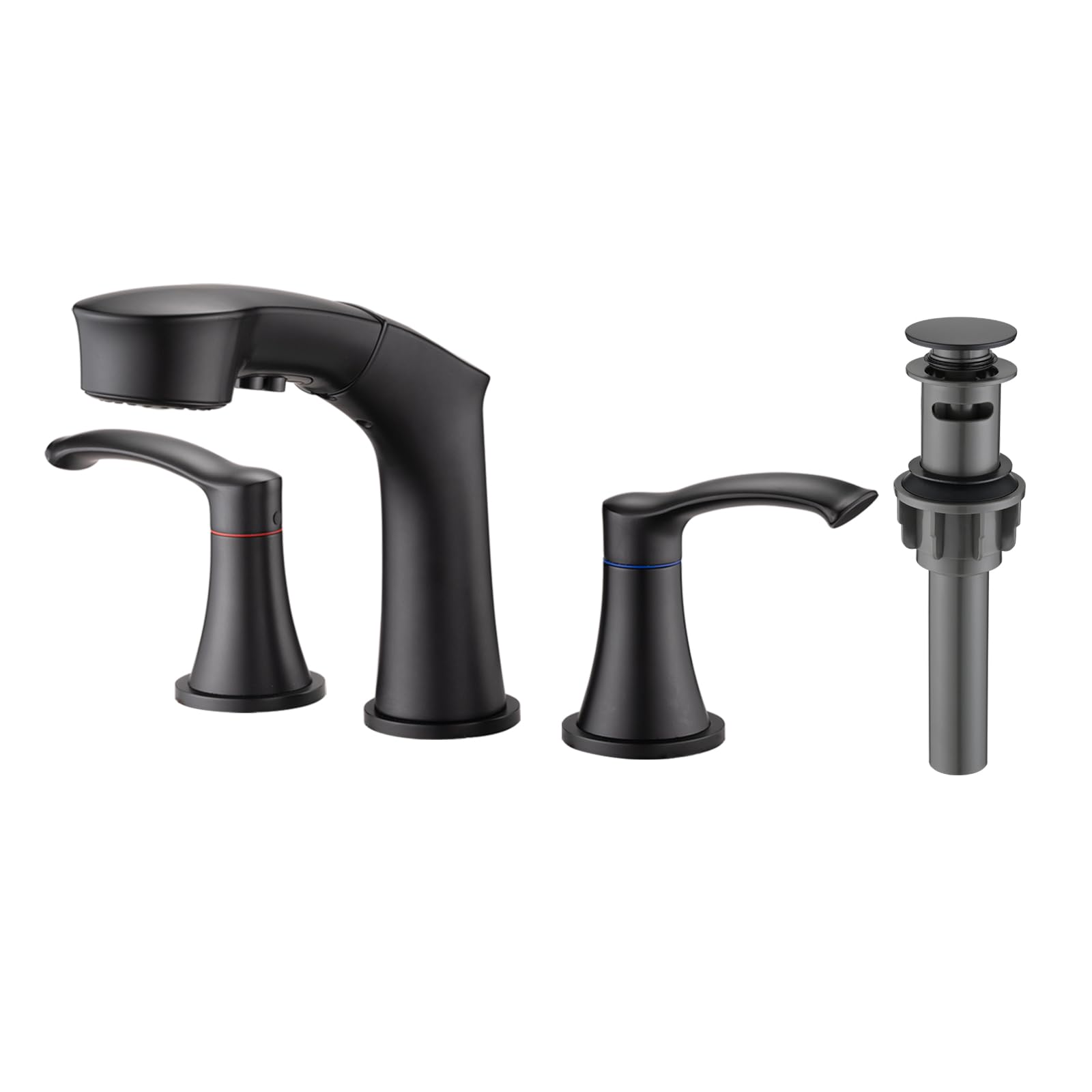 Photo 1 of Besfelos Bathroom Faucet 3 Hole with Pull Out Sprayer, 8 Inch Widespread Bathroom Faucet, Two Handle Vanity Faucet with cUPC Supply Lines, Matte Black (with Pop-up Drain)