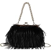 Women Pearl Clutch Purses,Ostrich Feather Tote Bag Fluffy Purse Fluffy Feather Evening Handbags for Wedding Party Banquet Prom Crossbody Bag(Black)