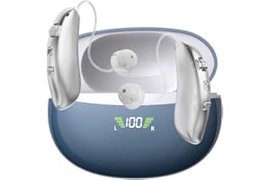 CLARITY AUDIOLOGY Rechargeable Hearing Aids for Seniors Adults - Noise Cancelling - Wireless Charging Case - Over the Ear RIC and BTE Design - Audifonos Para Sordos - OTC - Pair of 2 - Silver Hearing Aids