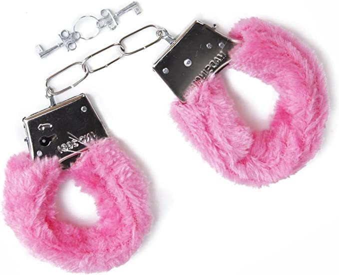 3HA HAHAHA Pink Fur Handcuffs Women's With Keys Set Fluffy Soft Silver Comfortable Hen Night Fancy Dress Up Police Cosplay Costume Props Accessories Play Party Toys Supplies Lover Couple