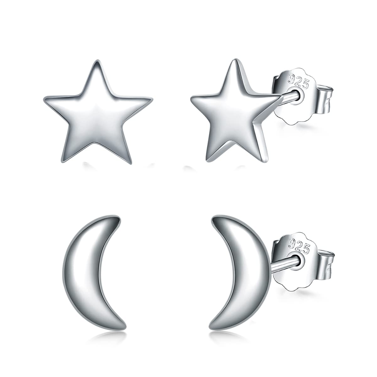 Shuxin Silver Stud Earrings for Women, 925 Sterling Silver Star Moon Stud Earrings Set, Hypoallergenic Small Sleeper Star Moon Studs, 2 Pairs 7mm Silver Stud Earrings Set for Women Girls, DCSE028a-SM