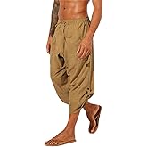Gafeng Mens Linen Harem Capri Pants Drawstring 3/4 Shorts Casual Beach Yoga Hippie Thai Pants