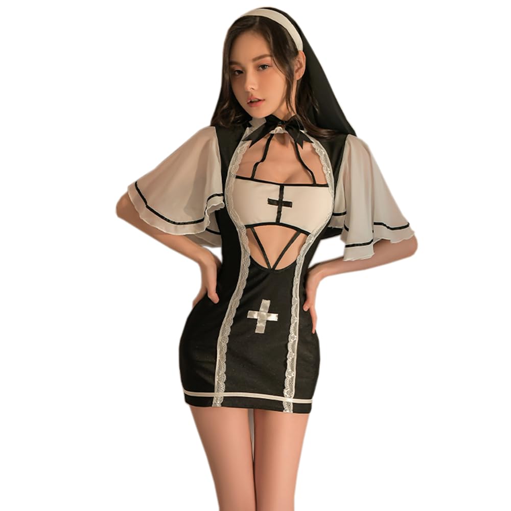 Photo 1 of SINROYEE Women Sexy Cosplay Lingerie Nun Costume Anime Devil Slutty Outfit Halloween Goth Dress High Slit (7)