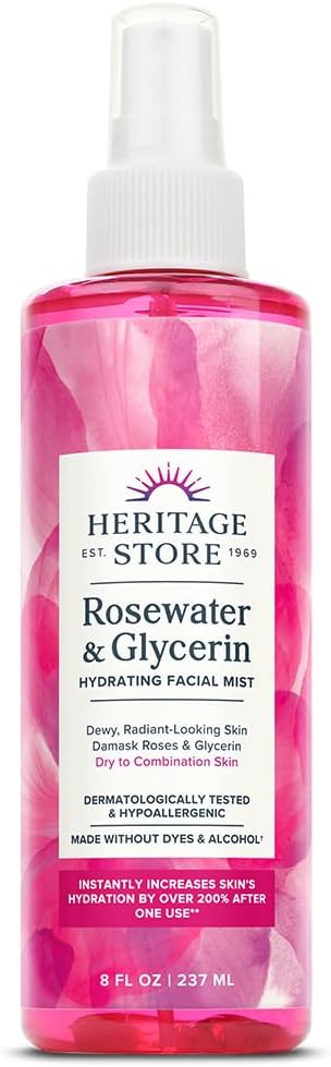 Heritage Store Rosewater Glycerin 8oz Alcohol Free Pure Vegan Facial Toner Mist