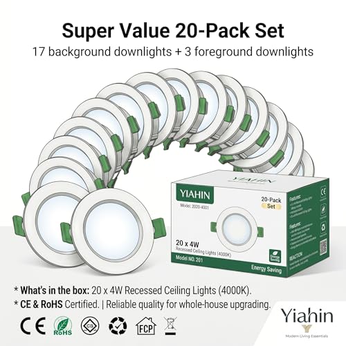20 Pieces LED Recessed Spotlight Kit Ultra Slim 4W 339LM Natural White Light 4000K Plastic Ceiling Panel for Plasterboard, Anti-Corrosion and Safe Insulation, for Kitchen, Bathroom, Living Room