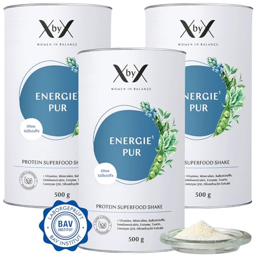 XbyX Energie Pur 3er Set 1500 g | 48 Portionen | Veganes Superfood Proteinpulver für Shakes ohne Süßstoffe | Geschmacksneutrales Eiweißpulver mit esse