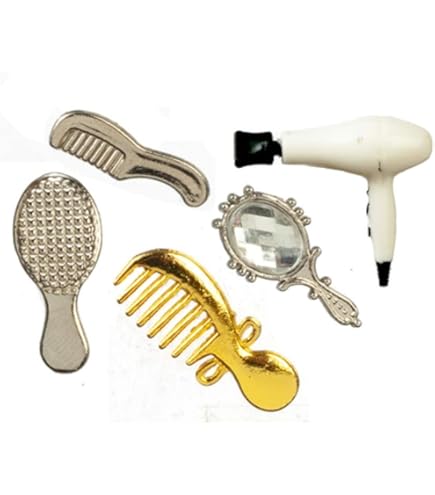 4 Piece Dollhouse Miniature Bathroom Set - Hair Dryer, Comb & Mirror For 1:12 Scale Dollhouses