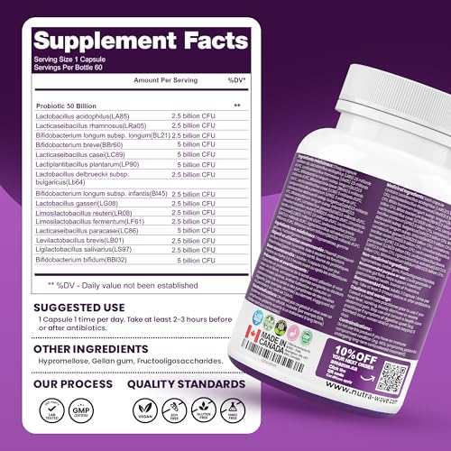 Nutrawave 50 BILLION Probiotics Women & Men, 15 Strains Active Culture. Relieves Bloating and Constipation, Improved Digestion and Gut Health Supplement, Non-GMO, Vegan, Gluten Free. 60 Vegan Capsules/ 60 Day Supply