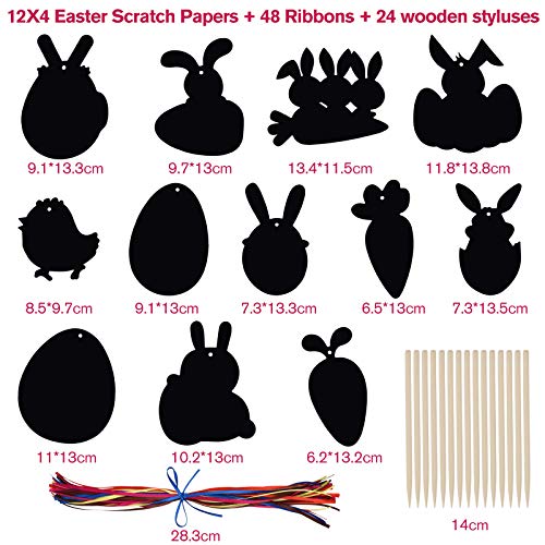 LEEFENGQI [48 Pack] - Easter Rainbow Scratch Card, Easter Eggs Carrots Bunny Scratch Art with 48 Ribbons and 24 Wooden Styluses for Easter Party Favor, Creative Easter Gifts for Kids