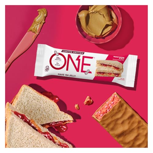 ONE PROTEIN BARS, PEANUT BUTTER & JELLY, GLUTEN FREE WITH 20G PROTEIN AND 1G SUGAR, PANTRY STAPLES, 2.12 OZ (12 COUNT)