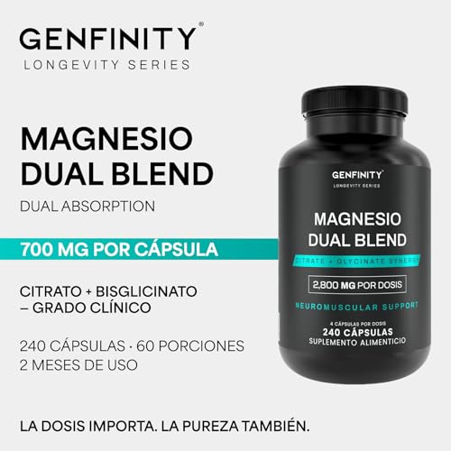 Genfinity Magnesio Dual Blend Longevity Series | 700 mg por Cápsula | 240 Cápsulas | Citrato + Bisglicinato Pureza ≥98% Grado Clínico | Suplemento Alimenticio