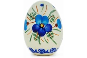 POLMEDIA POLISH POTTERY Authentic Polish Pottery Egg Figurine in Blue Pansy Design Handmade in Bolesławiec Poland by Ceramika Bona + Certificate of Authenticity