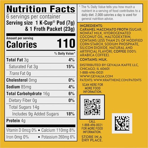 GEVALIA FROTHY 2-STEP ARTIFICIALLY FLAVORED CARAMEL MACCHIATO ESPRESSO STYLE K-CUP COFFEE PODS & FROTH PACKETS KIT, 6 CT BOX