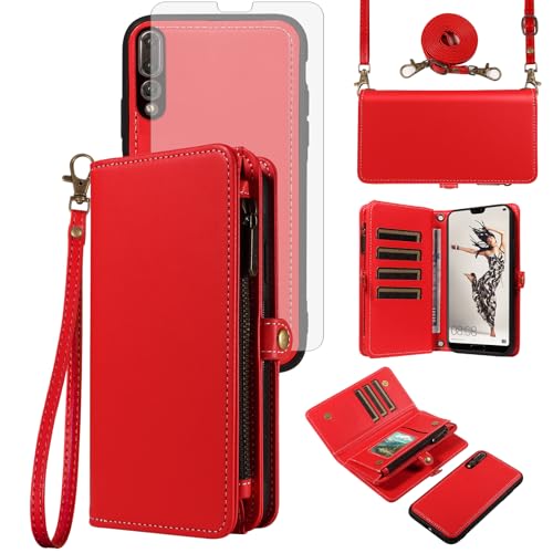 Asuwish Phone Case for Huawei P20 Pro Zipper Wallet Detachable Cover with Tempered Glass Screen Protector Crossbody Lanyard Strap Flip Card Holder Slot Hawaii P 20Pro 20 P20pro Women Men Red