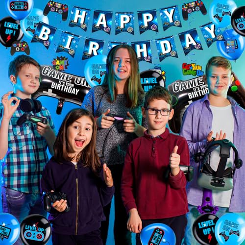Video Game Birthday Supplies for 16 Guests, 213pcs Games Party Tableware Set - Blue Plates Cups Napkins Tablecloth Balloons Banner Hanging Swirls etc Video Game Party Decorations