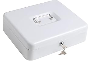 Kasten Metal Cash Box with Money Tray and Key Lock, Money Box for Cash Saving, 11.8"x 9.5"x 3.5", Large White