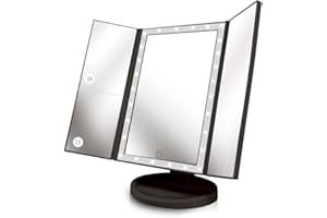 Beautyworks Backlit Makeup Vanity Mirror 36 LED Lights Touch-Screen Light Control, Tri-Fold 1/2/3X Magnification, Portable High-Definition Cosmetic Magnifying Personal Makeup Mirrors (Midnight Black)