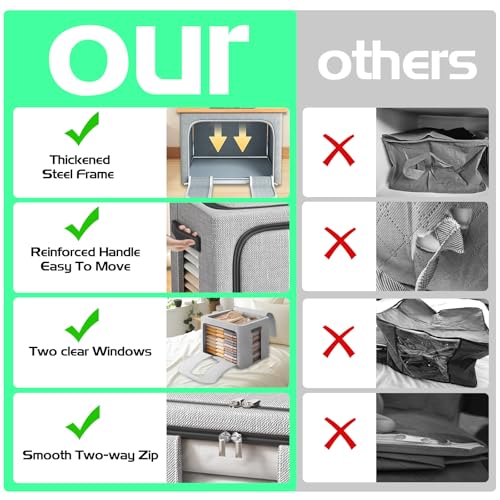 Resszo Lot of 2 Rigid Wardrobe Boxes 66L, 50x40x33CM Clothes Boxes with Metal Frame, Oxford & Double Window/Zip, Space Saving Closet Containers, Grey