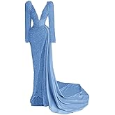 Jorshiman Sparkly Sequin Prom Dresses for Women Long Sleeve Formal Dresses Deep V Neck Evening Gowns with Slit