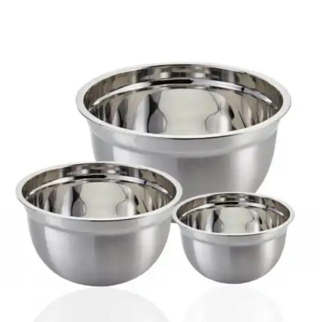 CafeTEq Mixing Bowls Set of 3 Professional Stainless Steel German - 1.5, 2.5, and 4 Litre Capacities - Ideal for Mixing, Chilling, and Serving - Stackable for Easy Storage