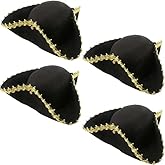 SGBETTER 4 Pack Pirate Tricorn Hat Black Colonial Tri-Corner Hat with Gold Trimming for Pirate Theme Party Halloween Cosplay Masquerade Accessories