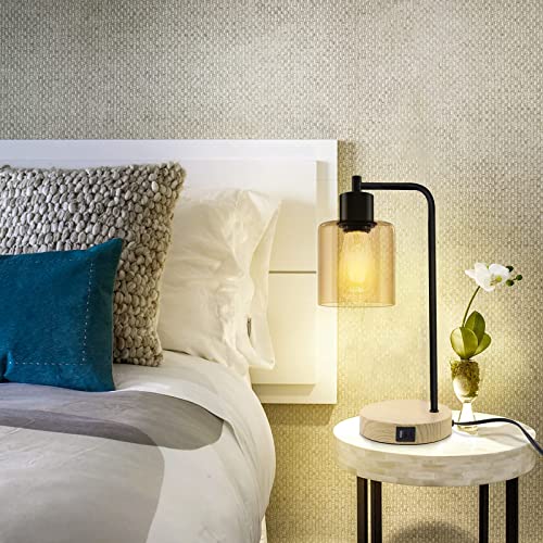 Industrial Table Lamp for Bedroom with USB Type-C AC Ports Amber Glass Lamp Shade Touch Control Bedside Lamp 3-Way Dimmable Nightstand Reading Lamp Set of 2 for Living Room,Office,2 LED Bulbs Include