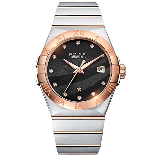 ROCOS Mechanical Automatic Watches for Men Gold Constellation Sapphire Mens Wrist Watches Classic Stainless Steel Dress Watch The Best Gift in Christmas and New Year R1101 (Black)