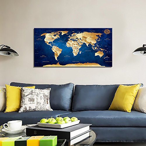 Wall Art blue map of the world Painting Ready to Hang 20" x 40" Pieces