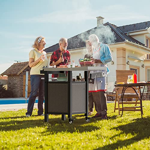 Onlyfire BBQ Storage Trolley, Garden Serving Table with Seasoning Box and Closed Storage Space for BBQ and Outdoor Cooking